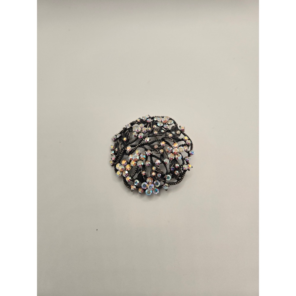 Vintage Floral AB Rhinestone Brooch Pendant Gunmetal Iridescent Flower Pin - Picture 2 of 3